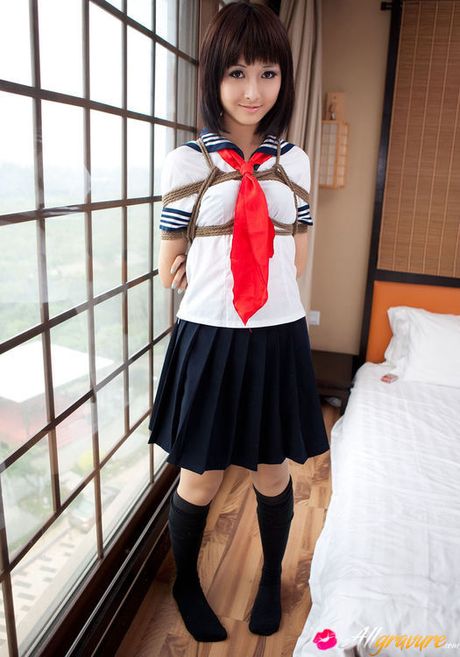 Shiryl Asian in school uniform is punished and tied in ropes
